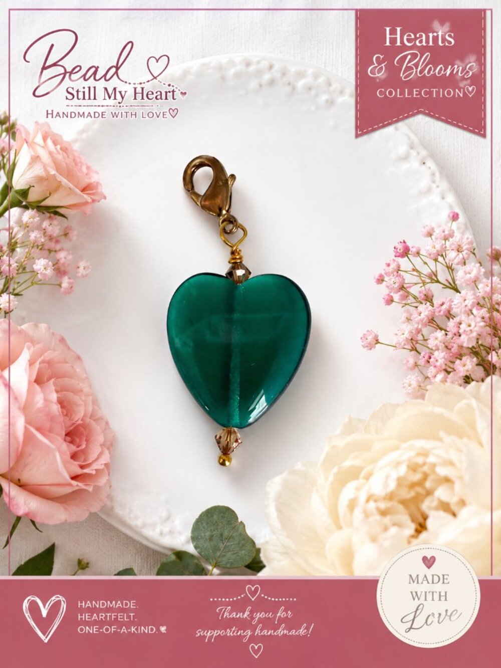 Emerald Heart Handmade Glass Bead Bag Charm | Hearts & Blooms